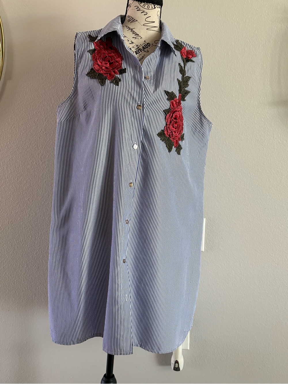 Sleeveless Blue Stripe Shirt Dress with Red Rose Embroidery